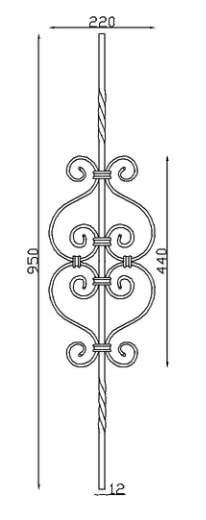 Barreau lisse avec deux torsades et motif central de 4 volutes en S, en fer forgé. Hauteur 950mm largeur 220mm carré lisse plein de 12mm, volutes en fer plat de 12x6mm. Fixation par soudure. Fourni brut, à peindre ou à vernir pour protéger de la corrosion. Au delà de son rôle sécuritaire, il peut être un élément décoratif dans plusieurs réalisations en fer forgé tel que du mobiliers, divers objets décoratifs, des grilles de défense, des rampes d'escaliers, des portails, des kiosques, des gardes corps.