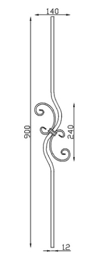 Barreau ondulé avec décor central, en fer forgé. Hauteur 900mm Largeur 170mm carré lisse plein de 12mm, volutes en fer plat de 12x6mm. Fixation par soudure. Fourni brut, à peindre ou à vernir pour protéger de la corrosion. Au delà de son rôle sécuritaire, il peut être un élément décoratif dans plusieurs réalisations en fer forgé tel que du mobiliers, divers objets décoratifs, des grilles de défense, des rampes d'escaliers, des portails, des kiosques, des gardes corps.