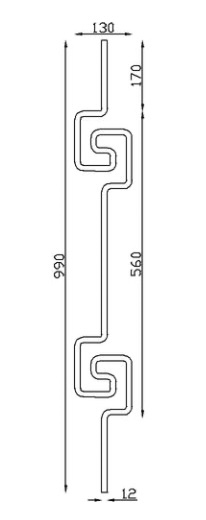 Barreau lisse avec motif double Tetris, en fer forgé. Hauteur 990mm Largeur 130mm carré lisse plein de 12x12mm. Fixation par soudure. Fourni brut, à peindre ou à vernir pour protéger de la corrosion. Au delà de son rôle sécuritaire, il peut être un élément décoratif dans plusieurs réalisations en fer forgé tel que du mobiliers, divers objets décoratifs, des grilles de défense, des rampes d'escaliers, des portails, des kiosques, des gardes corps.