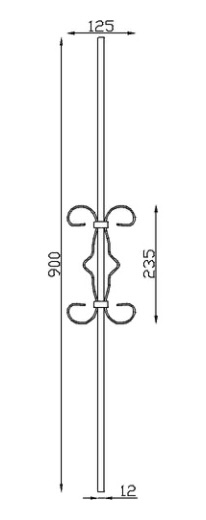 Barreau avec décor central en volute, en fer forgé. Hauteur 900mm Largeur 125mm carré lisse plein de 12mm, volutes en fer plat de 12x6mm, hauteur du motif 235mm. Fixation par soudure. Fourni brut, à peindre ou à vernir pour protéger de la corrosion. Au delà de son rôle sécuritaire, il peut être un élément décoratif dans plusieurs réalisations en fer forgé tel que du mobiliers, divers objets décoratifs, des grilles de défense, des rampes d'escaliers, des portails, des kiosques, des gardes corps.