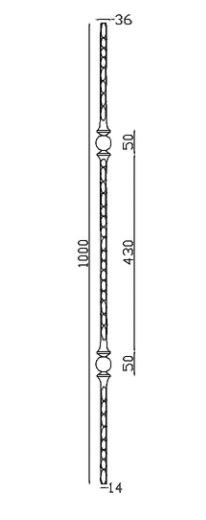 Barreau avec deux boules, en fer forgé. Hauteur 1000mm carré <b>martelé</b> plein de 14mm, largeur 36mm. Fixation par soudure. Fourni brut, à peindre ou à vernir pour protéger de la corrosion. Au delà de son rôle sécuritaire, il peut être un élément décoratif dans plusieurs réalisations en fer forgé tel que du mobiliers, divers objets décoratifs, des grilles de défense, des rampes d'escaliers, des portails, des kiosques, des gardes corps.