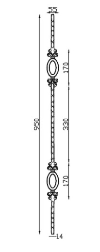 Barreau avec deux ovales, en fer forgé. Hauteur 950mm carré <b>martelé</b> plein de 14mm, largeur 55mm, hauteur d'un ovale 170mm. Fixation par soudure. Fourni brut, à peindre ou à vernir pour protéger de la corrosion. Au delà de son rôle sécuritaire, il peut être un élément décoratif dans plusieurs réalisations en fer forgé tel que du mobiliers, divers objets décoratifs, des grilles de défense, des rampes d'escaliers, des portails, des kiosques, des gardes corps.