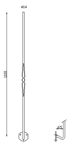 Barreau estampé motif aplati au centre avec équerre de rampe intégré, en fer forgé. Hauteur 1100mm rond lisse plein de diamètre 14mm, hauteur du motif 290mm, déport du barreau 65mm. Fixation par soudure. Fourni brut, à peindre ou à vernir pour protéger de la corrosion. Au delà de son rôle sécuritaire, il peut être un élément décoratif dans plusieurs réalisations en fer forgé tel que du mobiliers, divers objets décoratifs, des grilles de défense, des rampes d'escaliers, des portails, des kiosques, des gardes corps.