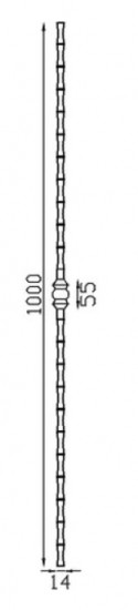 Barreau avec bague au centre, en fer forgé. Hauteur 1000mm carré martelé plein de 14x14mm, hauteur du décor 55mm. Fixation par soudure. Fourni brut, à peindre ou à vernir pour protéger de la corrosion. Au delà de son rôle sécuritaire, il peut être un élément décoratif dans plusieurs réalisations en fer forgé tel que du mobiliers, divers objets décoratifs, des grilles de défense, des rampes d'escaliers, des kiosques, des gardes corps.