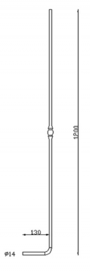 Barreau avec boule au centre, calibré pour les ébénistes, avec équerre de rampe intégrée pour une fixation à l'anglaise, en fer forgé. Hauteur 1200mm rond lisse plein de diamètre 14mm, retour coudé 130mm. Fixation par scellement. Fourni brut, à peindre ou à vernir pour protéger de la corrosion. Au delà de son rôle sécuritaire, il peut être un élément décoratif dans plusieurs réalisations en fer forgé tel que du mobiliers, divers objets décoratifs, des grilles de défense, des rampes d'escaliers, des kiosques, des gardes corps.