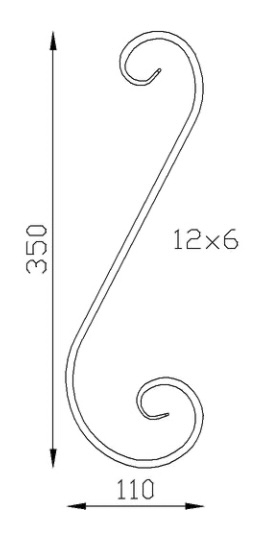 Volute en S inégale queue de carpe. Hauteur 350mm largeur 110mm en fer plat de 12x6mm. Fixation par soudure. Permet de décorer votre fabrication en fer forgé, portail, clôture, pergola, mais également permet de renforcer la sécurité, en diminuant le vide entre barreau, ou d'augmenter le soutien. Fourni brut, à peindre ou à vernir pour protéger contre la corrosion.