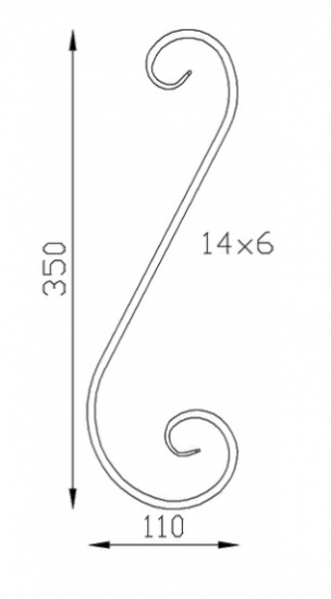 Volute en S inégale queue de carpe. Hauteur 350mm largeur 110mm en fer plat de 14x6mm. Fixation par soudure. Permet de décorer votre fabrication en fer forgé, portail, clôture, pergola, mais également permet de renforcer la sécurité, en diminuant le vide entre barreau, ou d'augmenter le soutien. Fourni brut, à peindre ou à vernir pour protéger contre la corrosion.