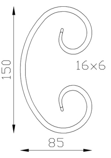 Volute en C finition queue de carpe, en fer forgé. Hauteur 150mm Largeur 85mm section en fer plat de 16x6mm. Fixation par soudure. Permet de décorer votre fabrication en fer forgé, portail, clôture, pergola, mais également permet de renforcer la sécurité, en diminuant le vide entre barreau, ou d'augmenter le soutien. Fourni brut, à peindre ou à vernir pour protéger contre la corrosion. Peut être présentée à l'horizontal ou à la vertical.