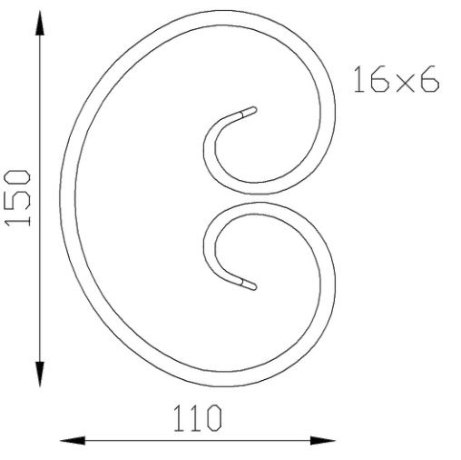 Volute en C fermé finition queue de carpe, en fer forgé. Hauteur 150mm Largeur110mm section en fer plat de 16x6mm. Fixation par soudure. Permet de décorer votre fabrication en fer forgé, portail, clôture, pergola, mais également permet de renforcer la sécurité, en diminuant le vide entre barreau, ou d'augmenter le soutien. Fourni brut, à peindre ou à vernir pour protéger contre la corrosion. Peut être présentée à l'horizontal ou à la vertical.