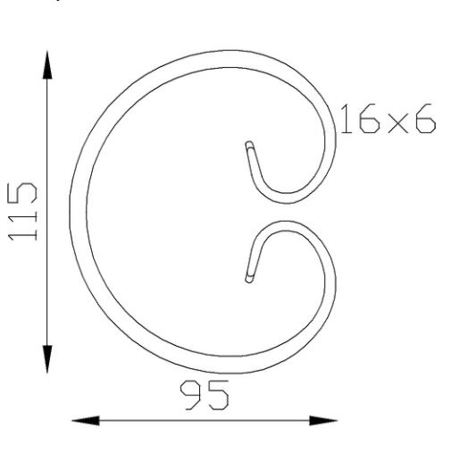 Volute en C fermé finition queue de carpe, en fer forgé. Hauteur 115mm Largeur 95mm section en fer plat de 16x6mm. Fixation par soudure. Permet de décorer votre fabrication en fer forgé, portail, clôture, pergola, mais également permet de renforcer la sécurité, en diminuant le vide entre barreau, ou d'augmenter le soutien. Fourni brut, à peindre ou à vernir pour protéger contre la corrosion. Peut être présentée à l'horizontal ou à la vertical.