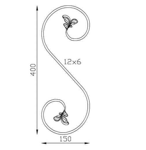 Volute en S finition feuilles double face, modèle gauche, en fer forgé. Hauteur 400mm largeur 150mm profilé fer plat lisse de 12x6mm. Fixation par soudure. Permet de décorer votre fabrication en fer forgé, portail, clôture, pergola, mais également permet de renforcer la sécurité, en diminuant le vide entre barreau, ou d'augmenter le soutien. Fourni brut, à peindre ou à vernir pour protéger contre la corrosion.