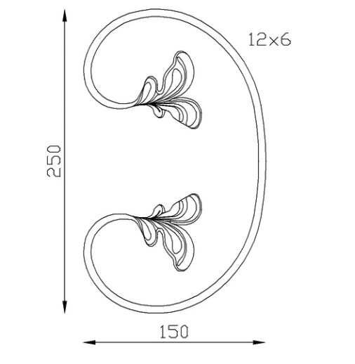 Volute en C finition feuilles, en fer forgé. Hauteur 250mm Largeur 150mm section en fer plat de  12x6mm. Fixation par soudure. Permet de décorer votre fabrication en fer forgé, portail, clôture, pergola, mais également permet de renforcer la sécurité, en diminuant le vide entre barreau, ou d'augmenter le soutien. Fourni brut, à peindre ou à vernir pour protéger contre la corrosion. Peut être présentée à l'horizontal ou à la vertical.