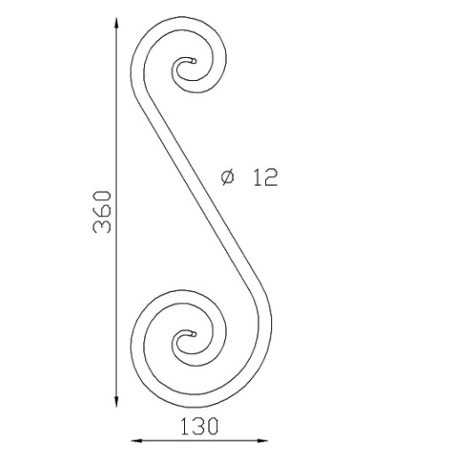 Volute en S inégale finition patte d'oie. Hauteur 360mm largeur 130mm en fer rond de diamètre 12mm. Fixation par soudure. Permet de décorer votre fabrication en fer forgé, portail, clôture, pergola, mais également permet de renforcer la sécurité, en diminuant le vide entre barreau, ou d'augmenter le soutien. Fourni brut, à peindre ou à vernir pour protéger contre la corrosion.