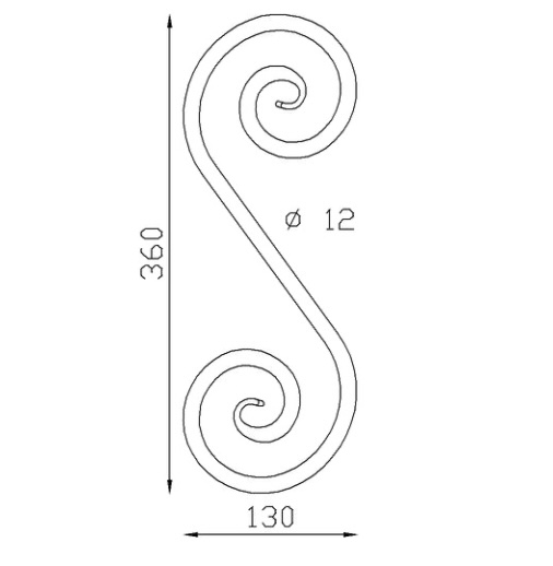 Volute en S finition patte d'oie. Hauteur 360mm largeur 130mm en fer rond de diamètre 12mm. Fixation par soudure. Permet de décorer votre fabrication en fer forgé, portail, clôture, pergola, mais également permet de renforcer la sécurité, en diminuant le vide entre barreau, ou d'augmenter le soutien. Fourni brut, à peindre ou à vernir pour protéger contre la corrosion.