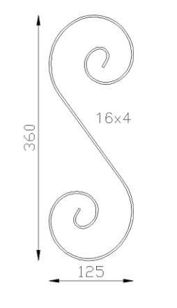 Volute en S finition coupe droite, en fer forgé. Hauteur 360mm largeur 125mm profilé en fer plat de 16x4mm. Fixation par soudure. Permet de décorer votre fabrication en fer forgé, portail, clôture, pergola, mais également permet de renforcer la sécurité, en diminuant le vide entre barreau, ou d'augmenter le soutien. Fourni brut, à peindre ou à vernir pour protéger contre la corrosion.