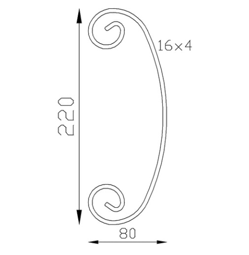 Volute en C finition coupe droite, en fer forgé. Hauteur 220mm Largeur 80mm section en fer plat de  16x4mm. Fixation par soudure. Permet de décorer votre fabrication en fer forgé, portail, clôture, pergola, mais également permet de renforcer la sécurité, en diminuant le vide entre barreau, ou d'augmenter le soutien. Fourni brut, à peindre ou à vernir pour protéger contre la corrosion. Peut être présentée à l'horizontal ou à la vertical.