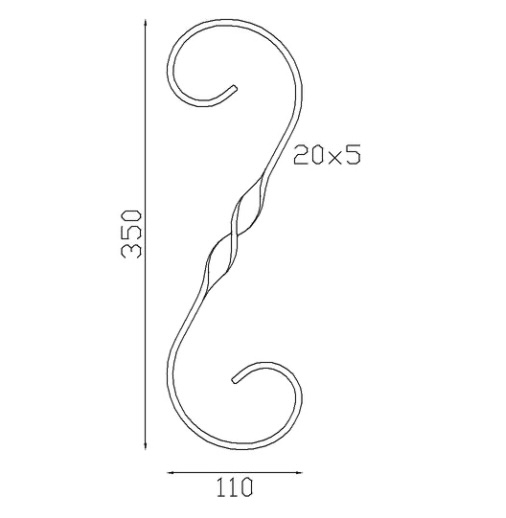 Volute en S, avec une torsade au centre, finition coupe droite, en fer forgé. Hauteur 350mm largeur 110mm en fer plat de 20x5mm. Fixation par soudure. Permet de décorer votre fabrication en fer forgé, portail, clôture, pergola, mais également permet de renforcer la sécurité, en diminuant le vide entre barreau, ou d'augmenter le soutien. Fourni brut, à peindre ou à vernir pour protéger contre la corrosion.