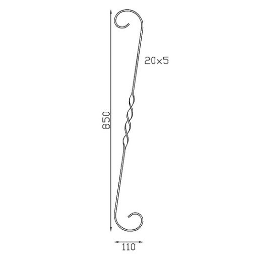 Volute en S, avec une torsade au centre, finition coupe droite, en fer forgé. Hauteur 850mm largeur 110mm en fer plat de 20x5mm. Fixation par soudure. Permet de décorer votre fabrication en fer forgé, portail, clôture, pergola, mais également permet de renforcer la sécurité, en diminuant le vide entre barreau, ou d'augmenter le soutien. Fourni brut, à peindre ou à vernir pour protéger contre la corrosion.