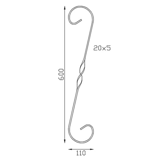 Volute en S, avec une torsade au centre, finition coupe droite, en fer forgé. Hauteur 600mm largeur 110mm en fer plat de 20x5mm. Fixation par soudure. Permet de décorer votre fabrication en fer forgé, portail, clôture, pergola, mais également permet de renforcer la sécurité, en diminuant le vide entre barreau, ou d'augmenter le soutien. Fourni brut, à peindre ou à vernir pour protéger contre la corrosion.