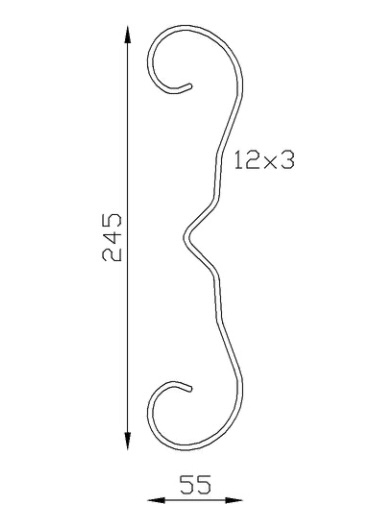 Volute en C finition coupe droite avec V central, en fer forgé. Hauteur 245mm Largeur 50mm section en fer plat de  12x3mm. Fixation par soudure. Permet de décorer votre fabrication en fer forgé, portail, clôture, pergola, mais également permet de renforcer la sécurité, en diminuant le vide entre barreau, ou d'augmenter le soutien. Fourni brut, à peindre ou à vernir pour protéger contre la corrosion. Peut être présentée à l'horizontal ou à la vertical.