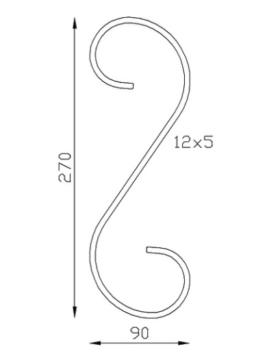 Volute en S finition coupe droite, en fer forgé. Hauteur 270mm largeur 90mm profilé en fer plat de 12x5mm. Fixation par soudure. Permet de décorer votre fabrication en fer forgé, portail, clôture, pergola, mais également permet de renforcer la sécurité, en diminuant le vide entre barreau, ou d'augmenter le soutien. Fourni brut, à peindre ou à vernir pour protéger contre la corrosion.