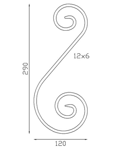 Volute en S inégale finition coupe droite. Hauteur 290mm largeur 120mm en fer plat lisse de 12x6mm. Fixation par soudure. Permet de décorer votre fabrication en fer forgé, portail, clôture, pergola, mais également permet de renforcer la sécurité, en diminuant le vide entre barreau, ou d'augmenter le soutien. Fourni brut, à peindre ou à vernir pour protéger contre la corrosion.