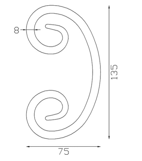 Volute en C finition coupe droite, en fer forgé. Hauteur 135mm largeur 75mm profilé en fer carré de largeur 8mm. Fixation par soudure. Permet de décorer votre fabrication en fer forgé, dessus de portail, clôture, pergola, mais également permet de renforcer la sécurité, en diminuant le vide entre barreau, ou d'augmenter le soutien. Présentation à l'horizontale ou à la verticale. Fourni brut, à peindre ou à vernir pour protéger contre la corrosion.