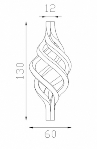 Torsade de barreaux carrés, en fer forgé. Compatible avec des barreaux de largeur 12mm. Hauteur de 130mm et Largeur de 60mm. Cet ornement habillera vos barreaux de grilles de défense, portails, escaliers par exemple. Fixation par soudure. Fournie brut, à peindre ou à vernir avec un produit adapté pour la protection contre la corrosion.