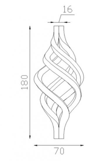 Torsade de barreaux carrés, en fer forgé. Compatible avec des barreaux de largeur 16mm. Hauteur de 180mm et Largeur de 70mm. Cet ornement habillera vos barreaux de grilles de défense, portails, escaliers par exemple. Fixation par soudure. Fournie brut, à peindre ou à vernir avec un produit adapté pour la protection contre la corrosion.