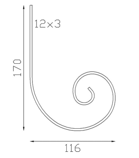 Demi volute en C finition coupe droite, en fer forgé. Hauteur 170mm Largeur 116mm section en fer plat de 12x3mm. Fixation par soudure. Permet de décorer votre fabrication en fer forgé, portail, clôture, pergola, mais également permet de renforcer la sécurité, en diminuant le vide entre barreau, ou d'augmenter le soutien. Fourni brut, à peindre ou à vernir pour protéger contre la corrosion. Peut être présentée à l'horizontal ou à la vertical.