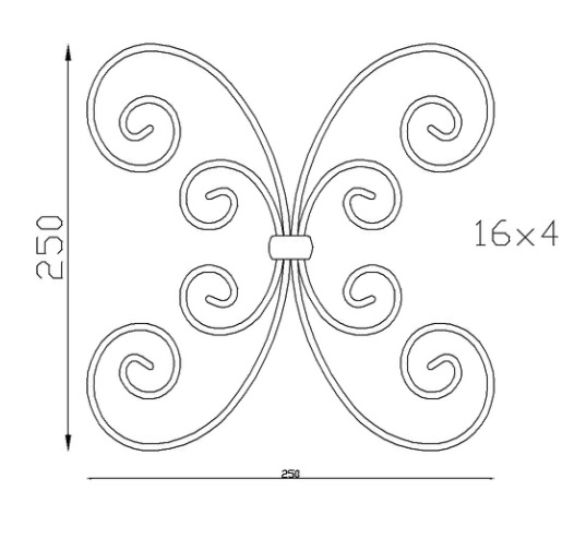 Volutes en C finition coupe droite, composition de 4 volutes en forme de papillon, en fer forgé. Hauteur 250mm Largeur 250mm section en fer plat de  16x4mm. Fixation par soudure. Permet de décorer votre fabrication en fer forgé, portail, clôture, pergola, mais également permet de renforcer la sécurité, en diminuant le vide entre barreau, ou d'augmenter le soutien. Fourni brut, à peindre ou à vernir pour protéger contre la corrosion. Peut être présentée à l'horizontal ou à la vertical.