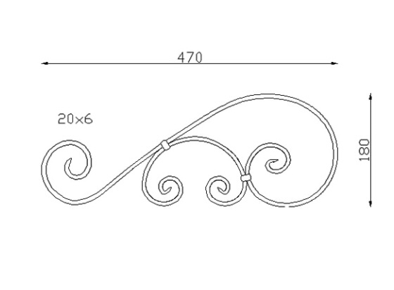 Longue volute en S finition coupe droite, avec petite volute en C, en fer forgé. Hauteur 470mm largeur 180mm profilé en fer plat de 20x6mm. Fixation par soudure. Permet de décorer votre fabrication en fer forgé, dessus de portillon, clôture, pergola, mais également permet de renforcer la sécurité, en diminuant le vide entre barreau, ou d'augmenter le soutien. Présentation à l'horizontale ou à la verticale. Fourni brut, à peindre ou à vernir pour protéger contre la corrosion.