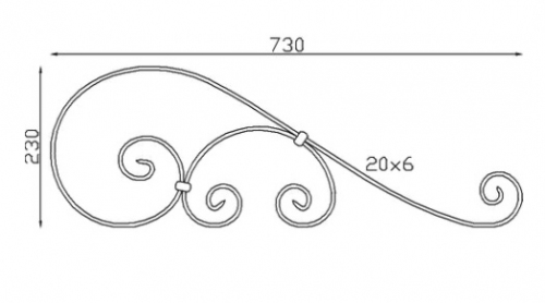 Longue volute en S finition coupe droite, avec petite volute en C, en fer forgé. Hauteur 730mm largeur 250mm profilé en fer plat de 20x6mm. Fixation par soudure. Permet de décorer votre fabrication en fer forgé, dessus de portail, clôture, pergola, mais également permet de renforcer la sécurité, en diminuant le vide entre barreau, ou d'augmenter le soutien. Présentation à l'horizontale ou à la verticale. Fourni brut, à peindre ou à vernir pour protéger contre la corrosion.