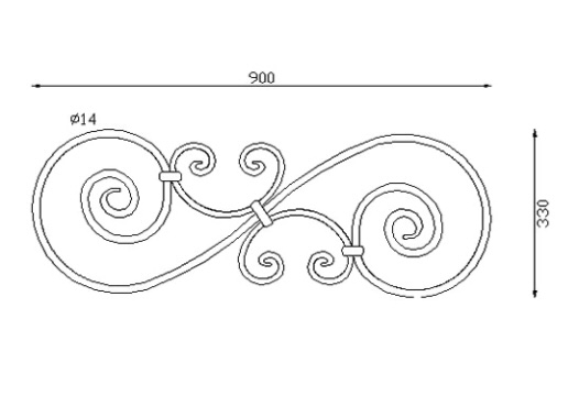  volute en S  et 2 volutes en C, finition coupe droite. Hauteur 900mm largeur 330mm profilé en rond lisse diamètre 14mm. Fixation par soudure. Permet de décorer votre fabrication en fer forgé, portail, clôture, pergola, mais également permet de renforcer la sécurité, en diminuant le vide entre barreau, ou d'augmenter le soutien. Fourni brut, à peindre ou à vernir pour protéger contre la corrosion.Grande