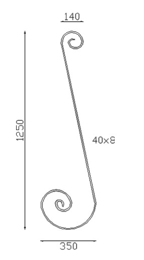 Volute en S inégale finition coupe droite. Hauteur 1250mm largeur 350mm en fer plat lisse de 40x8mm. Fixation par soudure. Permet de décorer votre fabrication en fer forgé, portail, clôture, pergola, mais également permet de renforcer la sécurité, en diminuant le vide entre barreau, ou d'augmenter le soutien. Fourni brut, à peindre ou à vernir pour protéger contre la corrosion.