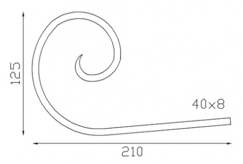 Demi volute ou crosse de finition, finition queue de carpe, en fer forgé. Hauteur 210mm Largeur125mm section en fer plat de 40x8mm. Fixation par soudure. Permet de décorer votre fabrication en fer forgé, portail, clôture, pergola, mais également permet de renforcer la sécurité, en diminuant le vide entre barreau, ou d'augmenter le soutien. Fourni brut, à peindre ou à vernir pour protéger contre la corrosion. Peut être présentée à l'horizontal ou à la vertical.