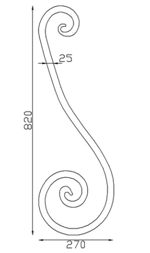 Volute en S de soutien, finition coupe droite, en fer forgé. Hauteur 820mm largeur 270mm profilé en carré de largeur 25mm. Fixation par soudure. Permet de soutenir une fabrication, tel qu'une marquise ou un pergola et de  décorer votre fabrication en fer forgé, portail, clôture, pergola, mais également permet de renforcer la sécurité, en diminuant le vide entre barreau, ou d'augmenter le soutien. Fourni brut, à peindre ou à vernir pour protéger contre la corrosion.