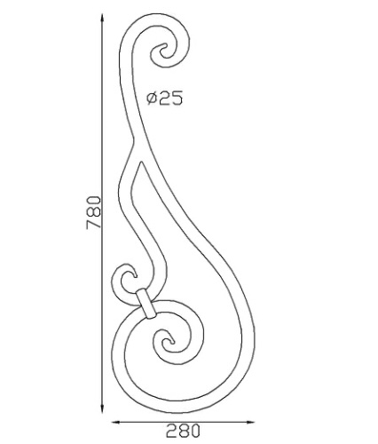 Volute en S de soutien, finition coupe droite, avec demi volute,en fer forgé. Hauteur 820mm largeur 270mm profilé en rond de diamètre 25mm. Fixation par soudure. Permet de soutenir une fabrication, tel qu'une marquise ou un pergola et de  décorer votre fabrication en fer forgé, portail, clôture, pergola, mais également permet de renforcer la sécurité, en diminuant le vide entre barreau, ou d'augmenter le soutien. Fourni brut, à peindre ou à vernir pour protéger contre la corrosion.