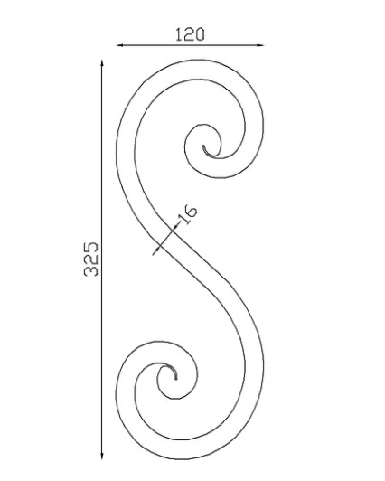 Volute en S finition à noyau, en fer forgé. Hauteur 320mm largeur 120mm profilé en carré de largeur 16mm. Fixation par soudure. Permet de décorer votre fabrication en fer forgé, portail, clôture, pergola, mais également permet de renforcer la sécurité, en diminuant le vide entre barreau, ou d'augmenter le soutien. Fourni brut, à peindre ou à vernir pour protéger contre la corrosion.