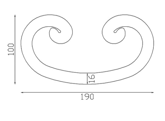 Volute en C finition noyau, en fer forgé. Hauteur 190mm Largeur 100mm section en carré de largeur 16mm. Fixation par soudure. Permet de décorer votre fabrication en fer forgé, portail, clôture, pergola, mais également permet de renforcer la sécurité, en diminuant le vide entre barreau, ou d'augmenter le soutien. Fourni brut, à peindre ou à vernir pour protéger contre la corrosion. Peut être présentée à l'horizontal ou à la vertical.