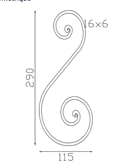 Volute inégale en S finition à noyau, en fer forgé. Hauteur 290mm largeur 115mm profilé en fer plat de 16x6mm. Fixation par soudure. Permet de décorer votre fabrication en fer forgé, portail, clôture, pergola, mais également permet de renforcer la sécurité, en diminuant le vide entre barreau, ou d'augmenter le soutien. Fourni brut, à peindre ou à vernir pour protéger contre la corrosion.