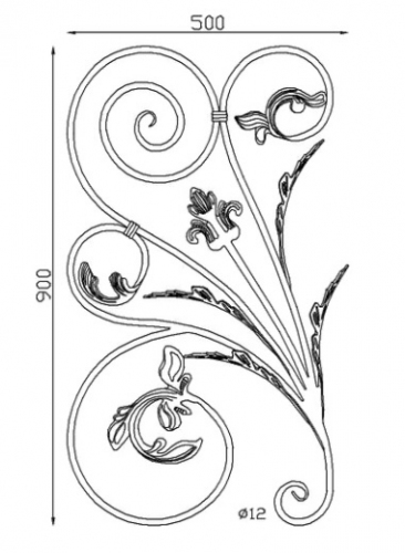 Panneau décoratif composé de nombreuses volutes avec finition feuilles, double face. Hauteur 900mm et Largeur 500mm avec profilé en rond de diamètre 12mm. Ce panneau décoratif peut être présenté à l'horizontale ou à la verticale, son utilisation est multiple: balcon, terrasse, fenêtre, balustrade... Fixation par soudure. Fourni grenaillé, à peindre ou à vernir.