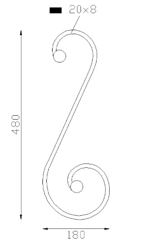 Volute en S finition à noyau, en fer forgé. Hauteur 480mm largeur 180mm profilé en fer plat de 20x8mm. Fixation par soudure. Permet de décorer votre fabrication en fer forgé, portail, clôture, pergola, mais également permet de renforcer la sécurité, en diminuant le vide entre barreau, ou d'augmenter le soutien. Fourni brut, à peindre ou à vernir pour protéger contre la corrosion.