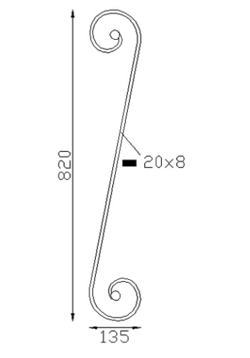 Grande volute en S inégale, à noyau. Hauteur 8200mm largeur 135mm en fer plat de 20x8mm. Fixation par soudure. Permet de décorer votre fabrication en fer forgé, portail, clôture, pergola, mais également permet de renforcer la sécurité, en diminuant le vide entre barreau, ou d'augmenter le soutien. Fourni brut, à peindre ou à vernir pour protéger contre la corrosion.