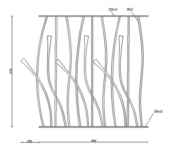 Panneau Floral droit, en fer forgé. Hauteur 970mm longueur 1120mm, tige en diamètre 12mm, la main-courante du haut est un plat simple de 20x6mm tandis que la barre du bas est un plat de 30x6mm. Fixation par soudure. Fourni brut, à peindre ou à vernir pour le protéger contre la corrosion. Peut être assemblé avec les produits références 157402, 157403.