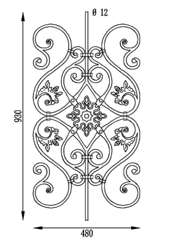 Panneau décoratif composé de volutes aux finitions feuilles, d'une rosace centrale double face et d'un barreau central, en fer forgé grenaillé. Hauteur 930mm et Largeur 480mm avec profilé en rond de diamètre 12mm. Ce panneau décoratif peut être présenté à l'horizontale ou à la verticale, son utilisation est multiple: balcon, terrasse, fenêtre, balustrade... Fixation par soudure. Fourni brute, à peindre ou à vernir pour le protéger de la corrosion. Utilisation intérieure ou extérieure.