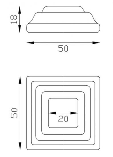 Cache scellement pour barreau carré de largeur 20mm, en fer forgé. Largeur de la base 50mm Longueur de la base 50mm Hauteur 18mm. Fixation par soudure. Cet habillage de la base du barreau permet de cacher les soudures ou le scellement, il apportera un raffinement à votre fabrication par ce détail de finition. Cache scellement estampé formant trois marches. Livré brut, prêt à peindre ou à vernir. D'autres dimensions existent.