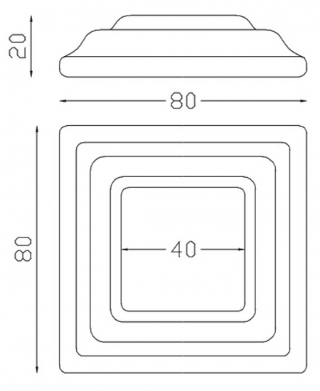 Cache scellement pour barreau carré de largeur 40mm, en fer forgé. Largeur de la base 80mm Longueur de la base 80mm Hauteur 20mm. Fixation par soudure. Cet habillage de la base du barreau permet de cacher les soudures ou le scellement, il apportera un raffinement à votre fabrication par ce détail de finition. Cache scellement estampé formant trois marches. Livré brut, prêt à peindre ou à vernir. D'autres dimensions existent.