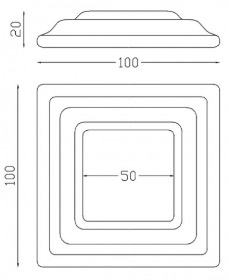 Cache scellement pour barreau carré de largeur 50mm, en fer forgé. Largeur de la base 100mm Longueur de la base 100mm Hauteur 20mm. Fixation par soudure. Cet habillage de la base du barreau permet de cacher les soudures ou le scellement, il apportera un raffinement à votre fabrication par ce détail de finition. Cache scellement estampé formant trois marches. Livré brut, prêt à peindre ou à vernir. D'autres dimensions existent.