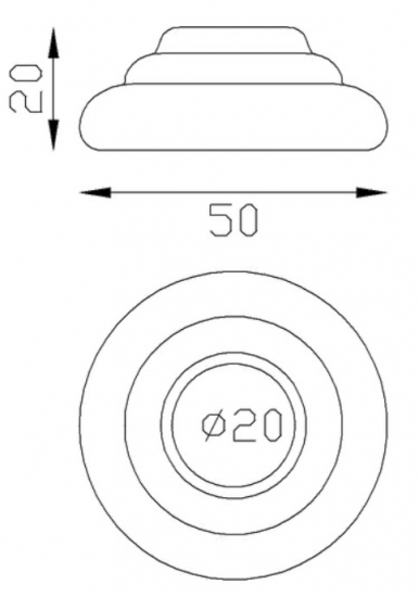 Cache scellement pour barreau d'un diamètre de 20mm, en fer forgé. Diamètre de la base 50mm Hauteur 20mm. Fixation par soudure. Cet habillage de la base du barreau permet de cacher les soudures ou le scellement, il apportera un raffinement à votre fabrication par ce détail de finition. Cache scellement estampé formant trois marches. Livré brut, prêt à peindre ou à vernir. D'autres dimensions existent.